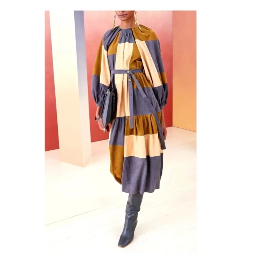 New! Rare ULLA JOHNSON Bernadine Patchwork Lambskin Suede Leather Midi Dress - Picture 2 of 12